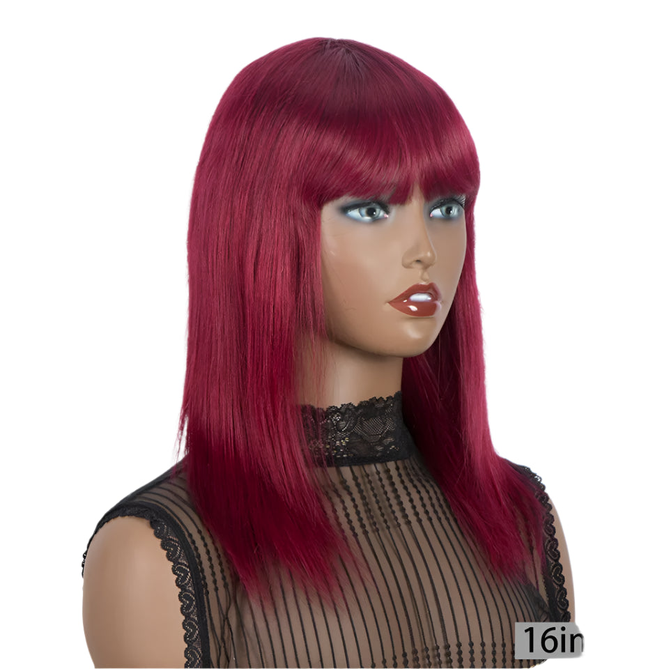 99J Wine Red Straight Bob Wig with Bangs | Full Machine Made Brazilian Remy Human Hair Luxegan