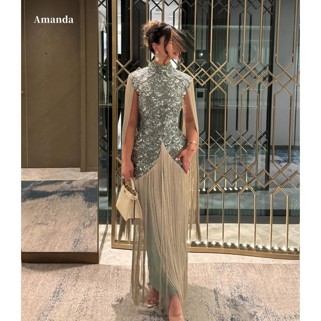 Women's Sage Green High Neck Prom Dress | Sequin Embellished Cap Sleeve Evening Gown | Glamorous Fringed Overlay Cocktail Dress | Premium Silk Knee-Length A-Line Formal Dress Luxegan