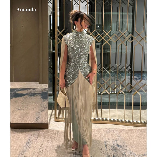 Women's Sage Green High Neck Prom Dress | Sequin Embellished Cap Sleeve Evening Gown | Glamorous Fringed Overlay Cocktail Dress | Premium Silk Knee-Length A-Line Formal Dress Luxegan