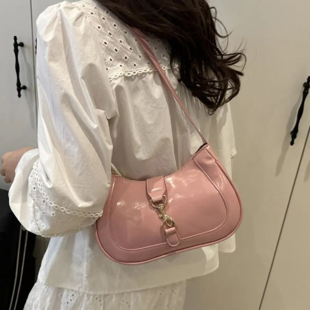 Elegant Patent Leather Shoulder Bag | Large Capacity Retro Armpit Bag | Smooth Solid Color Belt Buckle Clutch Handbag Luxegan