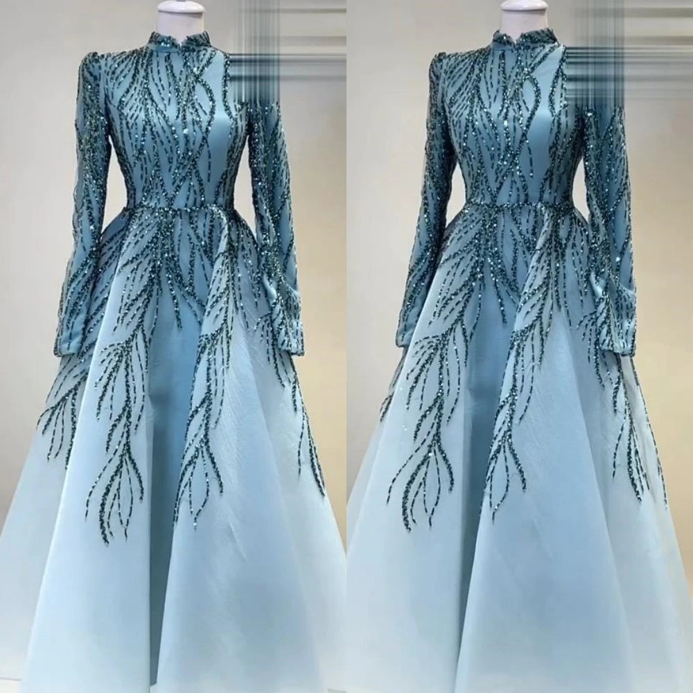 Women's Sparkle High-Collar Ball Gown | Intricate Celebrity Beading Evening Dress | Exquisite Sequined Organza Prom Gown | Premium Tatting Floor-Length A-Line Robe with Built-in Bra Model 3100xjj Luxegan