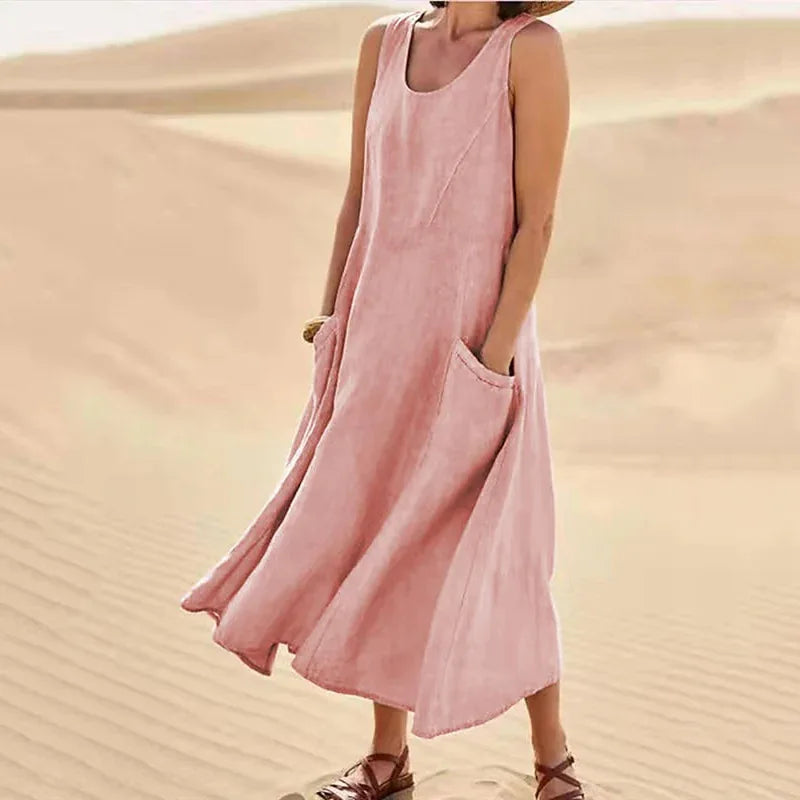 Women's Casual Cotton Linen Sundress | Summer Sleeveless Loose Sand Beachwear Maxi Dress | Elegant Double Big Pocket Oversized Long Dress | Premium High Stretch Regular Fit O-Neck Vestido Model LRFZ-818 Luxegan