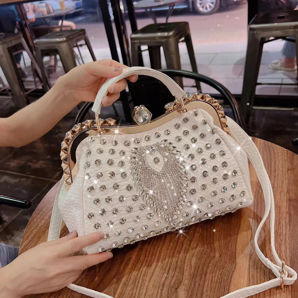 New Luxury Diamond Rhinestone Handbag | Premium Genuine Leather Dumpling Bag | Large Portable Tote with Glittering Clip | Designer Rhinestone Shoulder & Messenger Bag for Women Luxegan