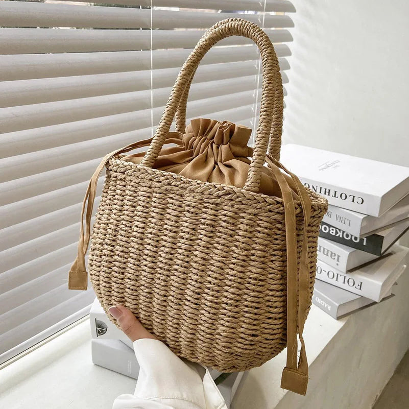 Women’s Summer Straw Rattan Handbag | Sophisticated Woven Small Clutch & Basket Bag | Elegant Retro Beach Vacation Tote | "Dignified" Soft Bucket Purse for Versatile Holiday Styling Luxegan