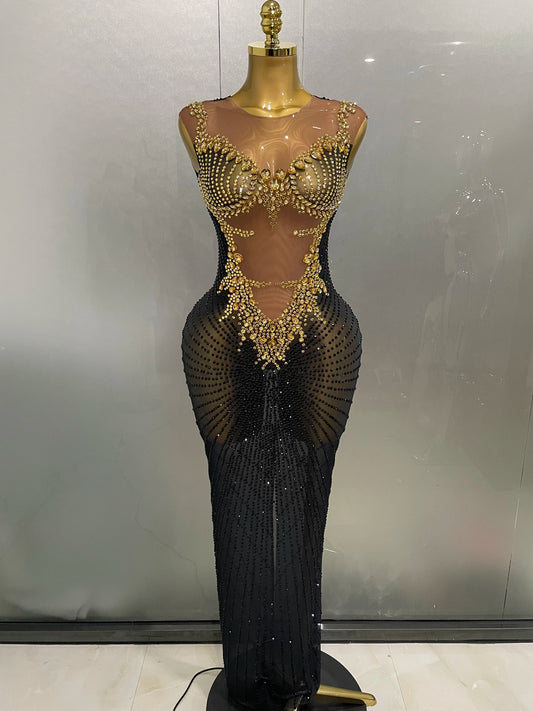 Vestido largo sin mangas con pedrería brillante sexy 2025, nuevo para mujer, para cumpleaños, celebración, sesión de fotos nocturna, disfraz para espectáculo teatral