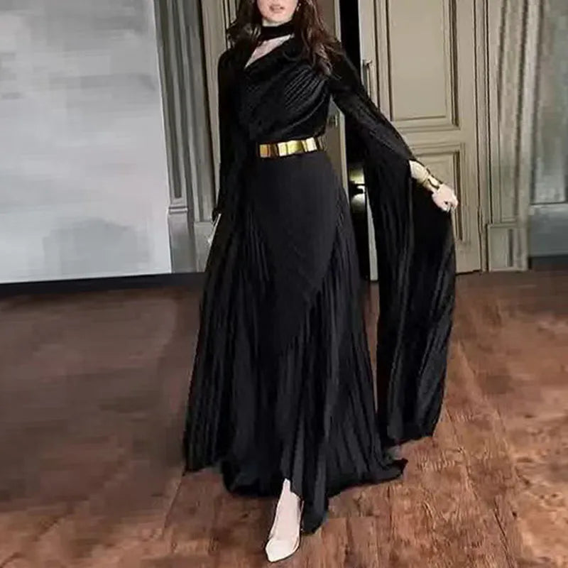Women's Turtleneck Flare Sleeve Hollow-Out Maxi Dress Luxegan