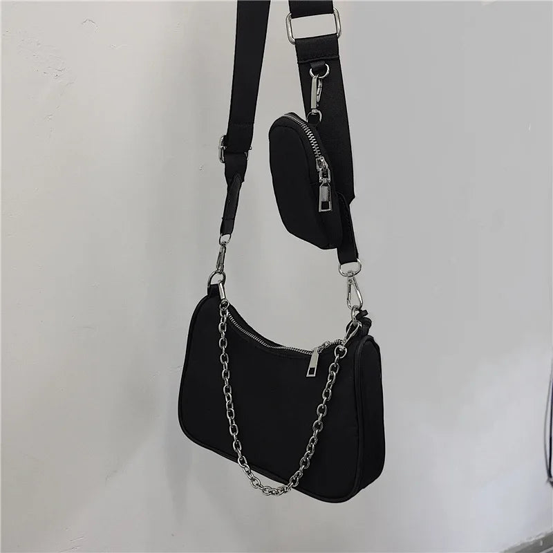Casual Nylon Waterproof Shoulder Hobo Bag | Fashion Cool Black Chain Handbag Luxegan