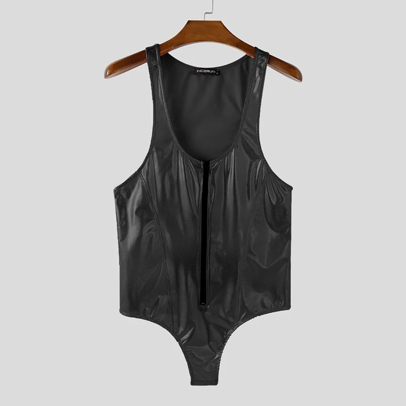 Men’s Shiny Zipper Sleeveless Bodysuit | Sophisticated "Sparkling" Male Romper Silhouette | Elegant Fashion Streetwear Playsuit | "Dignified" High-Performance Sparkling Bodysuit for Radiant Versatile Styling Luxegan