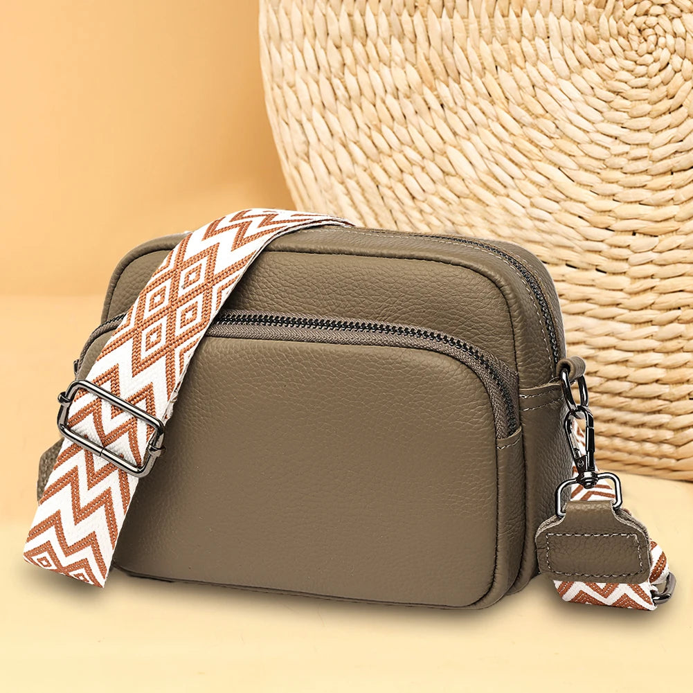 Genuine Leather Wide Strap Shoulder Bag | Solid Color Crossbody & Phone Bag Luxegan