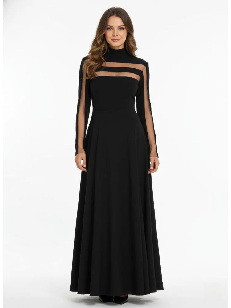 Turtleneck Long Sleeve Mesh See-Through High Waist Flared A-Line Maxi Gown | Elegant Evening Party Dress Luxegan