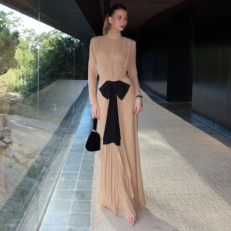 Elegant High-Neck Cutout Maxi Dress | Sheer Chiffon Long-Sleeve Evening Gown | Bow-Accented Floor-Length Summer Formal Party Dress Luxegan