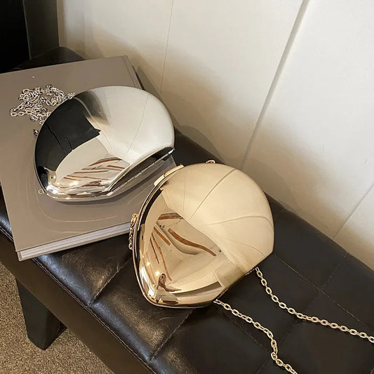 Designer Acrylic Shell Shape Clutch Bag | Gold Silver Women's Evening Party Bag & Cute Shiny Metal Shoulder Crossbody Bags (Small Purse) Luxegan