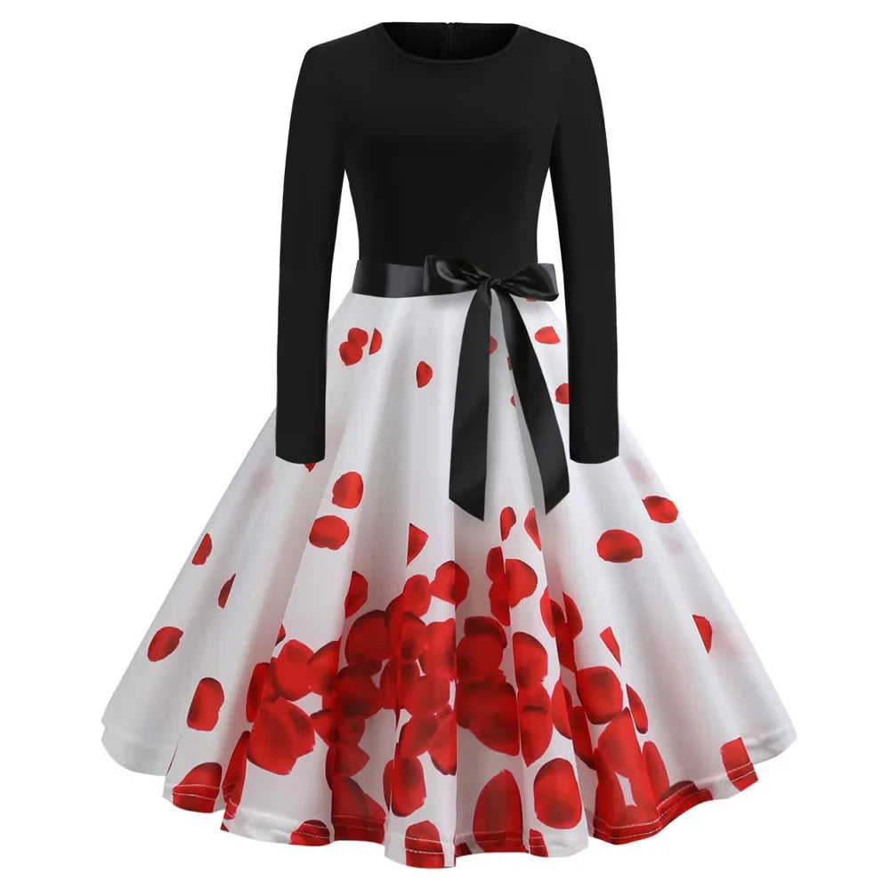 Harajuku Vintage Music Note Print Party Dress | Casual Retro Long-Sleeve Spring Autumn Midi | Full-Sleeve Loose-Fit A-Line Dress with Sashes Luxegan