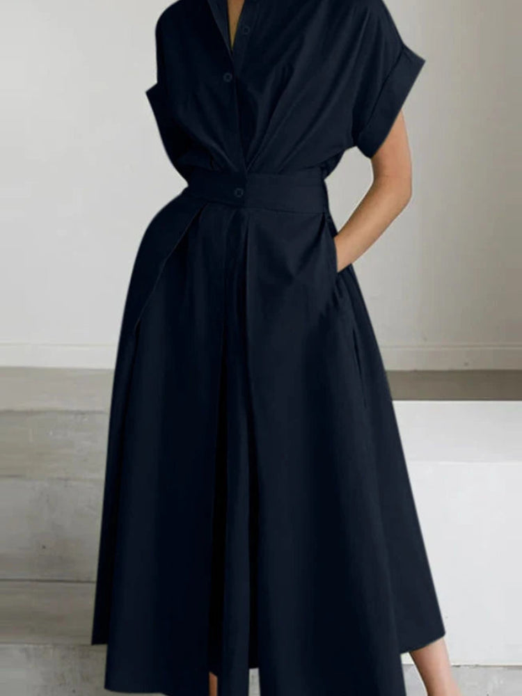 Solid Turn-Down Collar Short Sleeve Regular Fit A-Line Ankle-Length Dress – Polyester, Empire Waist, Summer Luxegan
