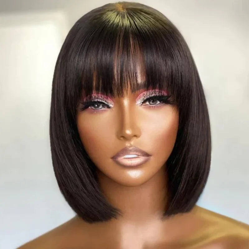 Sleek Bone Straight Short Bob Human Hair Wig with Bangs | Glueless Full Machine-Made Brazilian Remy Human Hair Wig | Classic Fringe Bob for Women (8-14 Inch, Natural Color / #99J Burgundy / Warm Brown) Luxegan