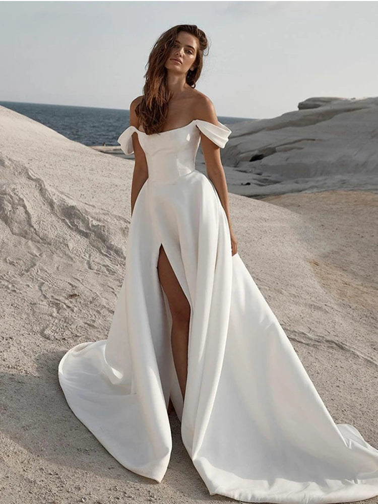 Classic Soft Satin A-Line Wedding Dress | Elegant Off-The-Shoulder Sleeveless Bridal Gown | Vintage Lace Applique Beaded Wedding Party Gown | Model 11DWYW2000051 Custom Floor-Length Court Train Dress Luxegan