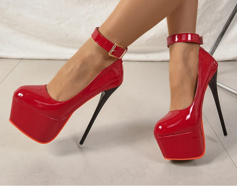 16.5cm Model Catwalk Platform Pumps | Sophisticated Patent Leather Round Toe | Elegant "Super High" Banquet Square Heels | "Dignified" Large Size 35–50 Banquet Shoes for Radiant Versatile Styling Luxegan