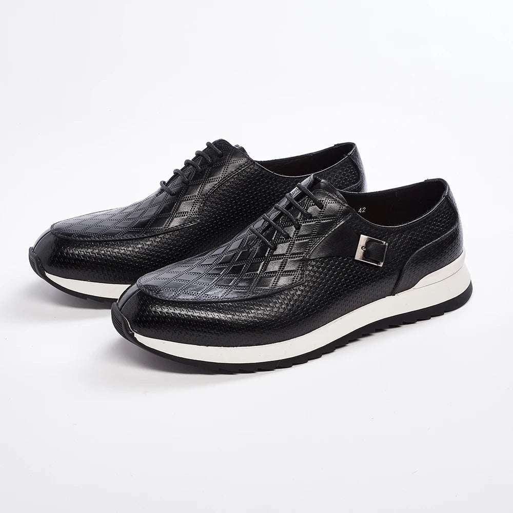 Classic Metal Buckle Men's Sneakers | Sophisticated First Layer Cowhide Casual Footwear | Elegant "T-Tied" Silhouette | "Dignified" Height-Increasing Leather Shoes for Radiant Versatile Office & Party Styling Luxegan