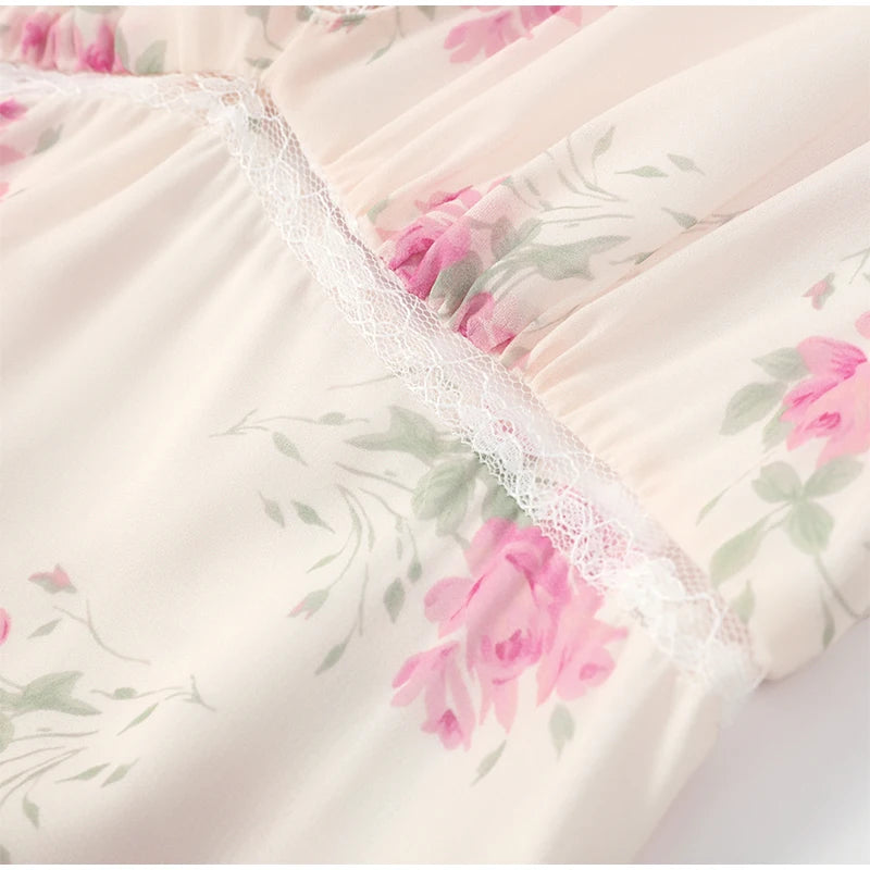 Flutter Sleeves Slim Long Dress Women Casual Pleated Deep V-neck Floral Print High Waist Dresses 2026 Lady Summer Holiday Wear