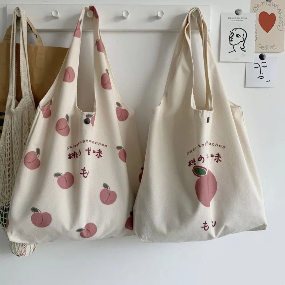 Aesthetic Strawberry & Peach Tote Bag | School & Shopper Handbag Luxegan