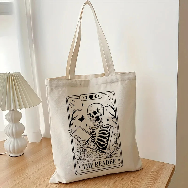 The Reader Pattern Tote Canvas Bag | Shopping Shoulder Bags Cloth Friend Shopping Bag | Large Minimalist Handbag Skull Decoration