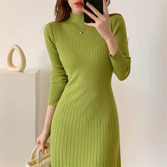 Autumn Winter Slim Knitted Midi Dress | Sophisticated Half-High Collar Sweater Dress | Elegant "Tatting Weave" Silhouette | "Dignified" Empire Waist Party Dress for Radiant Versatile Styling