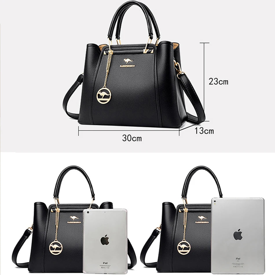 Luxury Women’s Designer 3-Layer Shoulder Bag | Large Capacity Microfiber Leather Crossbody | Sophisticated Shopper Tote with Kangaroo Logo & Pendant | Fashion-Forward Multi-Compartment Messenger Luxegan
