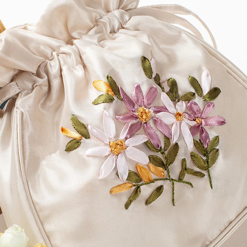Bolsos Retro Bordados con Cordón Bolsas de Almacenamiento Carteras Monederos Tarjeteros Bolsos de Hombro Tipo Cubo Bolsos de Muñeca