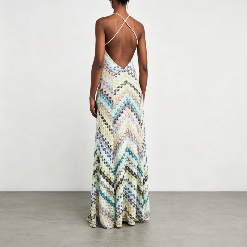 Geometric V-Neck Sleeveless Backless Regular Fit A-Line Floor-Length Dress – Natural Waist, Summer Luxegan
