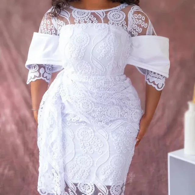 Solid Round Neck Embroidery and Lace Detail Regular Fit Pencil Midi Dress – Natural Waist, Spring/Winter Luxegan