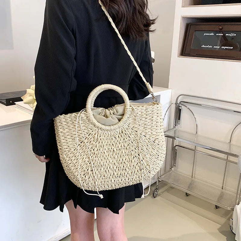 Straw Woven Handbags For Women | Handmade Travel Seaside Beach Bag | Summer New Handle Bucket Bag Shopping Tote Bag Basket Luxegan