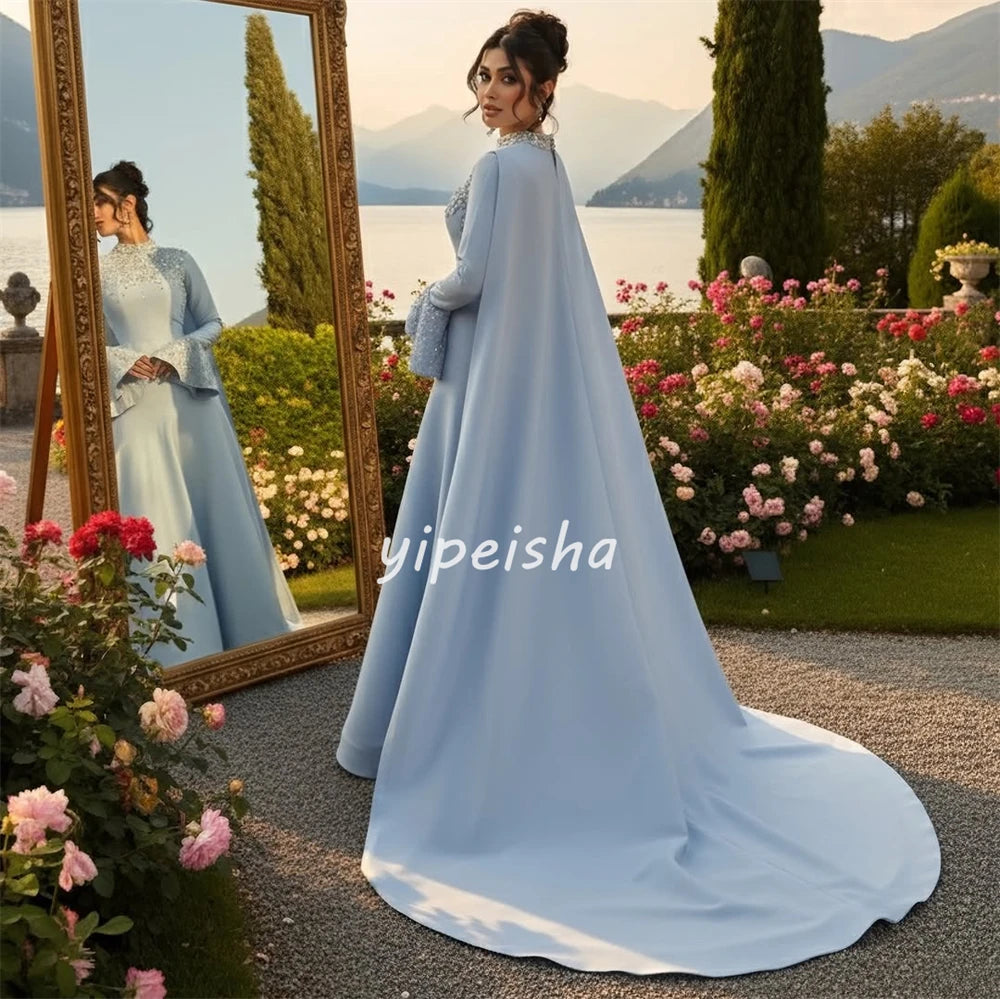 Elegant High-Collar Long Sleeve Jersey Evening Gown | Sophisticated "Crystal Ruched" Silhouette | Premium A-Line Prom Dress for Formal Evenings | Famous Brand Model wcy Simple Essential for Timeless Styling Luxegan