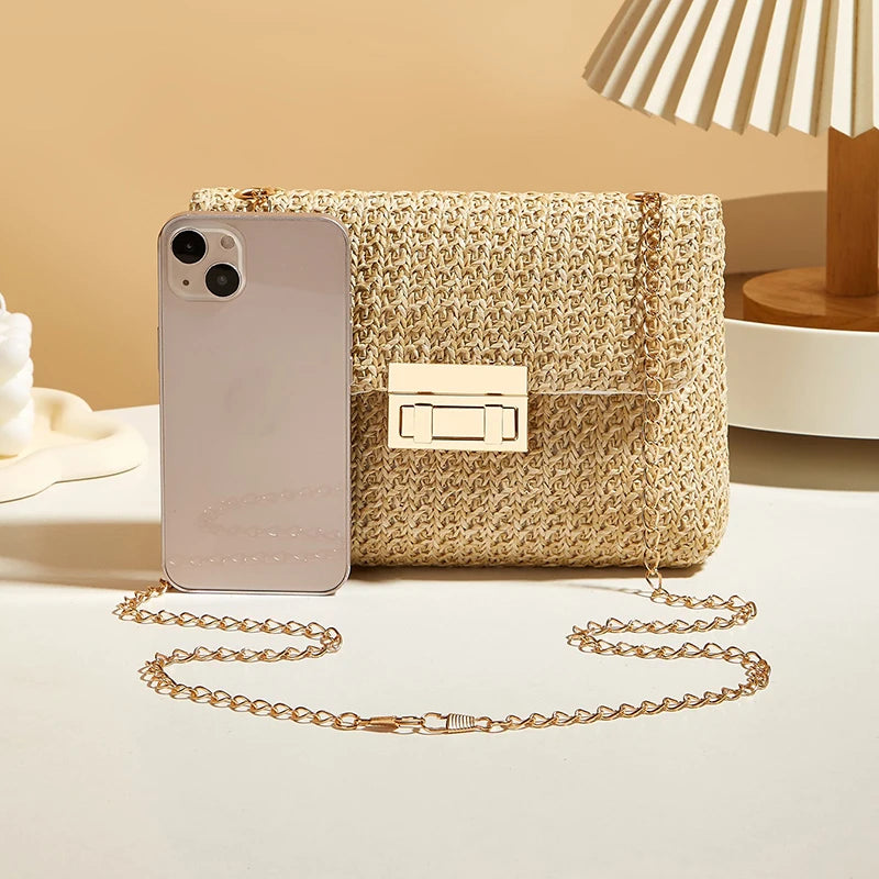 Fashion Crossbody Bags for Women | Simple Straw Shoulder Bag & Women's Lock Closure Bag (Small Square Purse Summer Money Bag) Luxegan