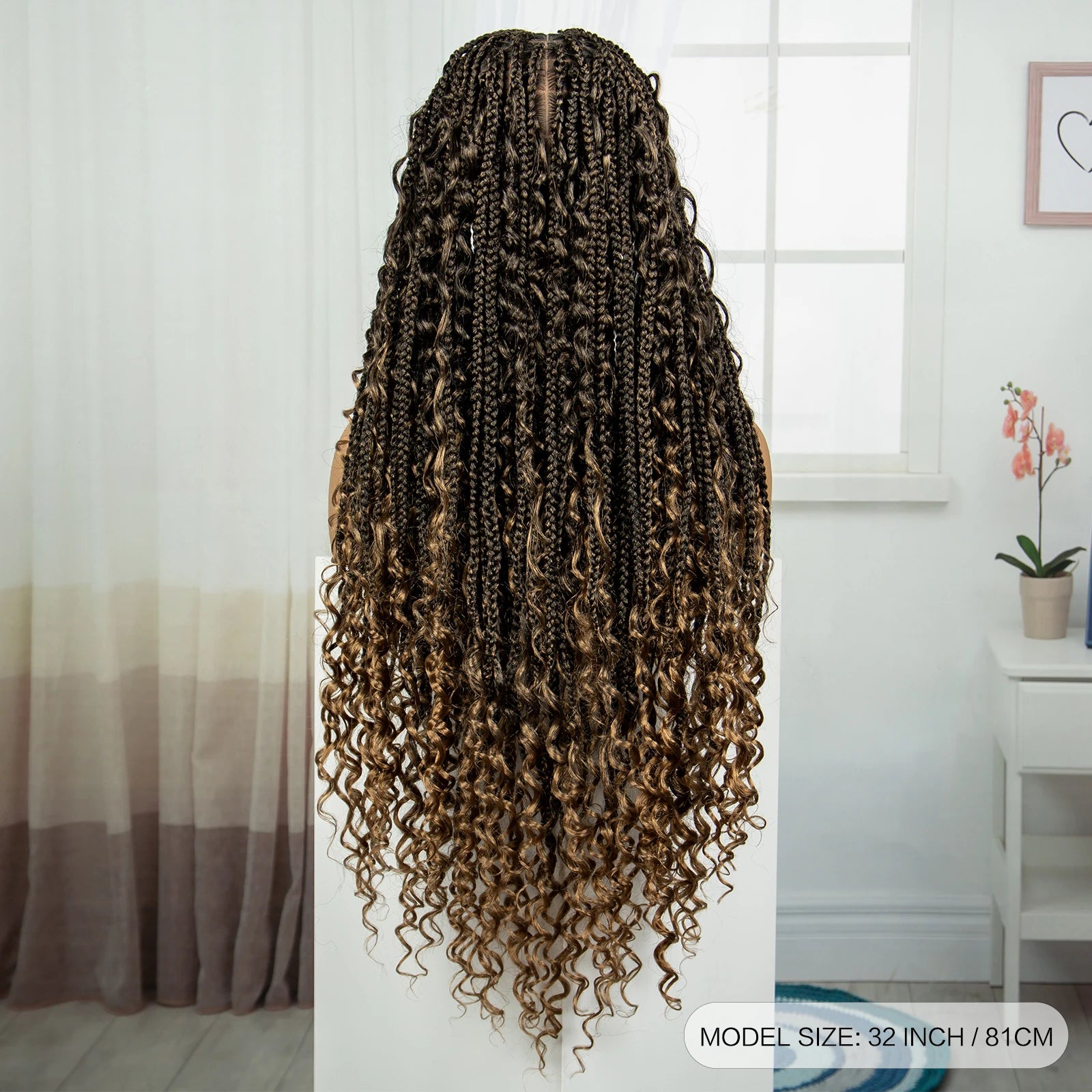 Burgundy Knotless Box Braids Wig with Curly Ends | Full Lace Handmade Luxegan