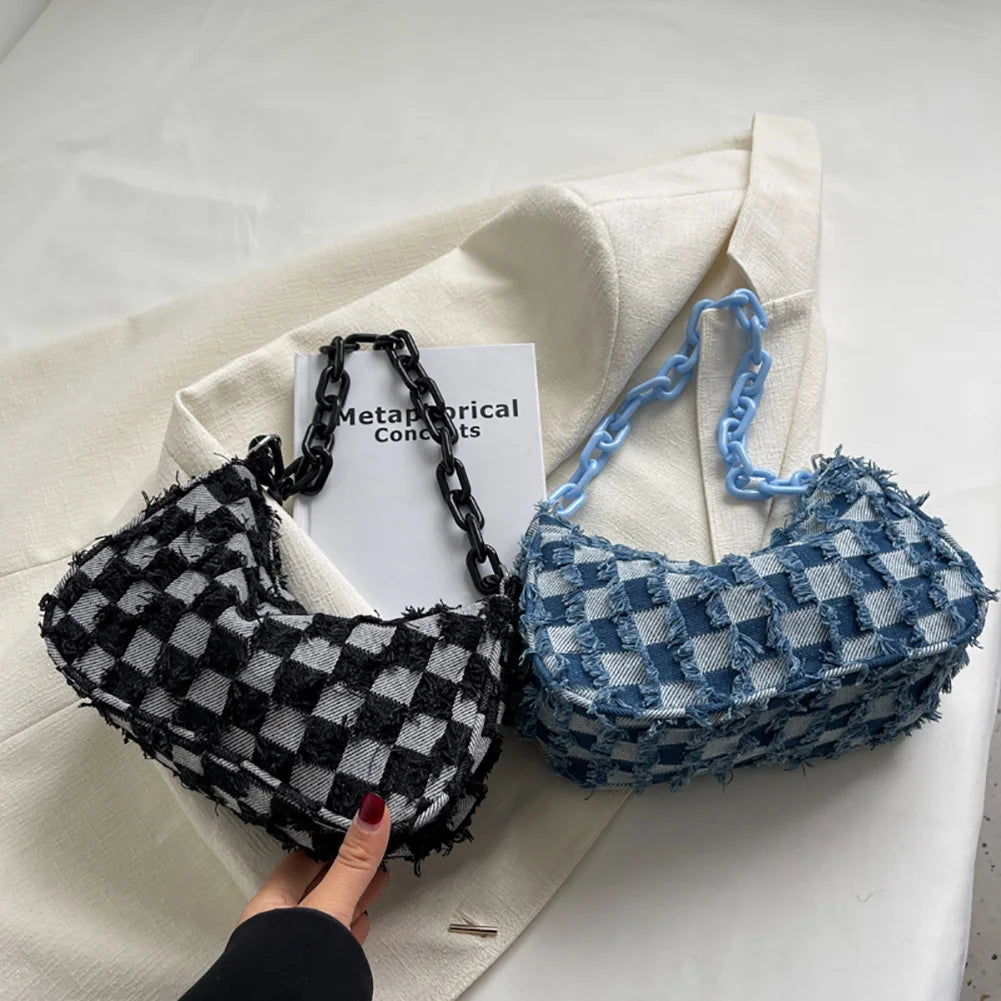 Vintage Women's Casual Shoulder & Underarm Bag | Plaid Pattern Denim Small Purse (Ladies Chain Leisure Handbag, Hobo Style) Luxegan