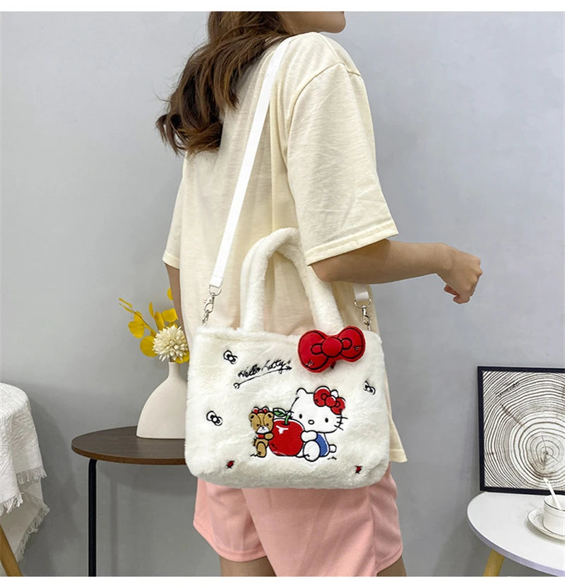 Kawaii Hello Kitty Plush Shoulder Bag | My Melody Cinnamoroll Kuromi Cute Cartoon Anime Handbag (Soft Storage Bag for Women & Girls) Luxegan