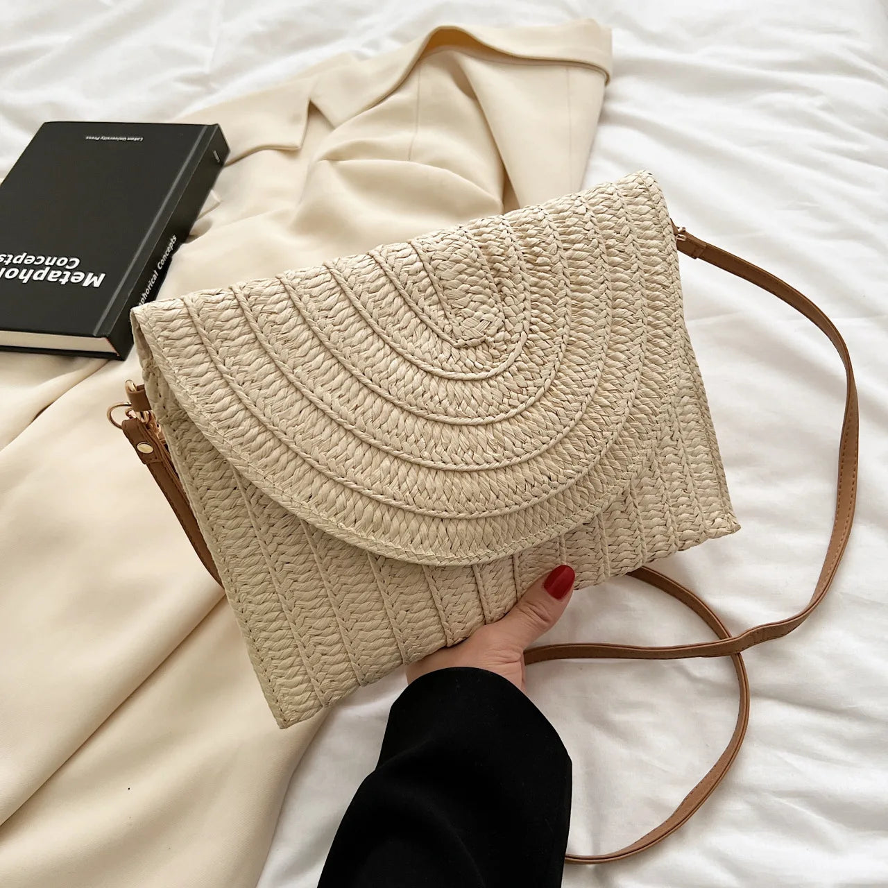 Summer Beach Straw Clutch Bag | Sophisticated Bohemian Crossbody Bag for Women | Elegant Travel Shoulder Purse | Luxury "Dignified" Woven Wicker Handbag with Beaded Decoration Luxegan