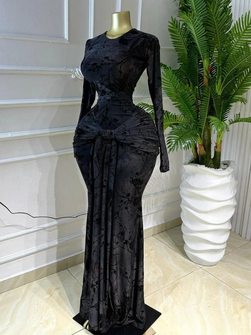 Ruched Print Mermaid Maxi Dress – Crew Neck, Long Sleeve, Empire Waist, Autumn/Winter Luxegan