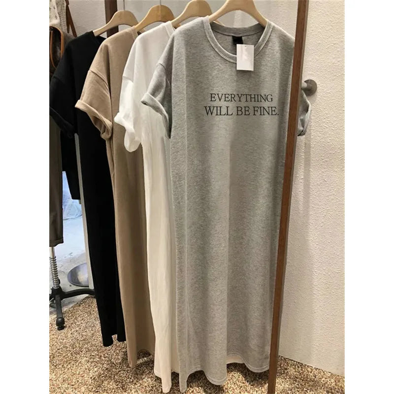 Summer Thin Plus-Size Dress | Casual Letter-Printed O-Neck Lounge Dress | Loose Fit Ankle-Length A-Line Dress | Lightweight Short-Sleeved Streetwear Gown for Juniors Luxegan