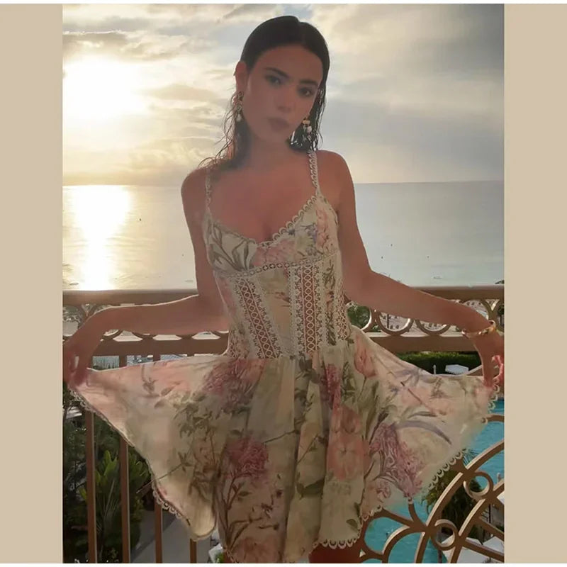 Floral Print Lace Patchwork Mini Dress Sleeveless Flared Hem Waist-cinching Spaghetti Strap Dresses Summer Chic Elegant Gown
