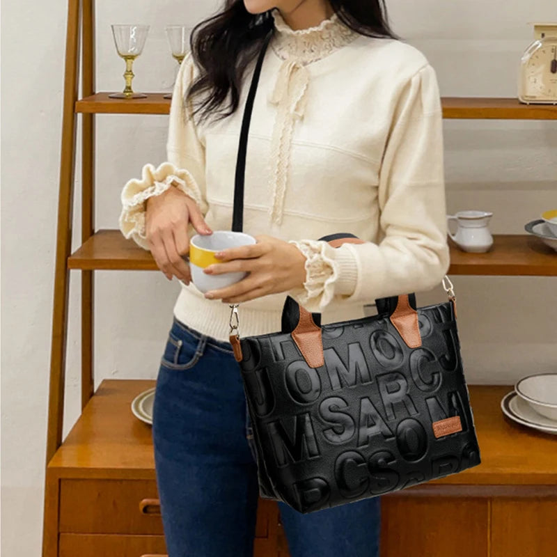 New Women's Fashion Solid Color Shoulder Large Capacity PU Leather Letter Embossed Ladies Handbags Designer Crossbody Bag