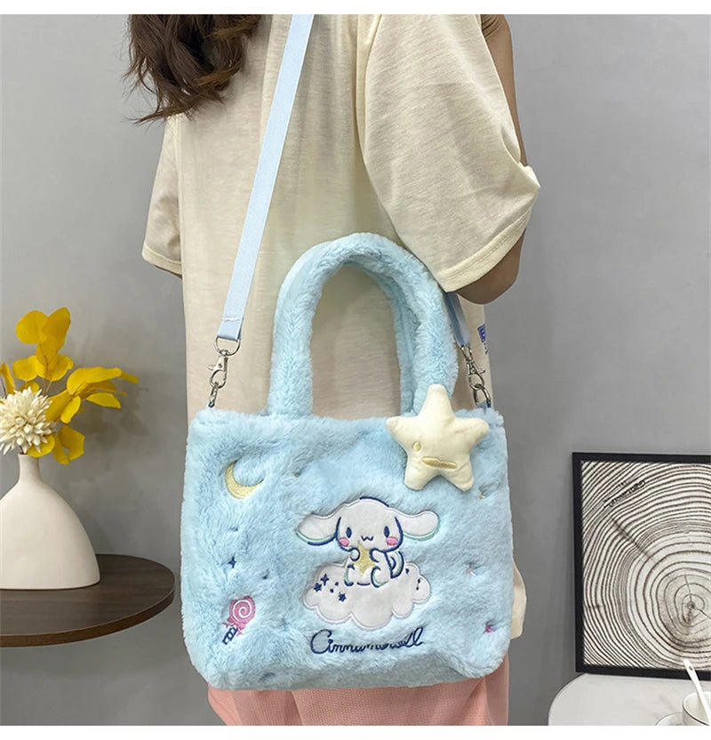 Kawaii Hello Kitty Plush Shoulder Bag | My Melody Cinnamoroll Kuromi Cute Cartoon Anime Handbag (Soft Storage Bag for Women & Girls) Luxegan