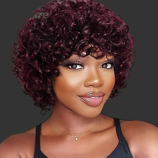 Jerry Curly Human Hair Wig – Short Pixie Afro Kinky Curly Wig with Bangs