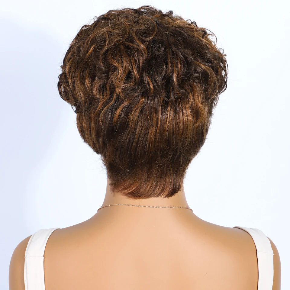 Rebecca P1B/30 Brown Pixie Cut Wig | Curly Side Part Brazilian Human Hair Luxegan