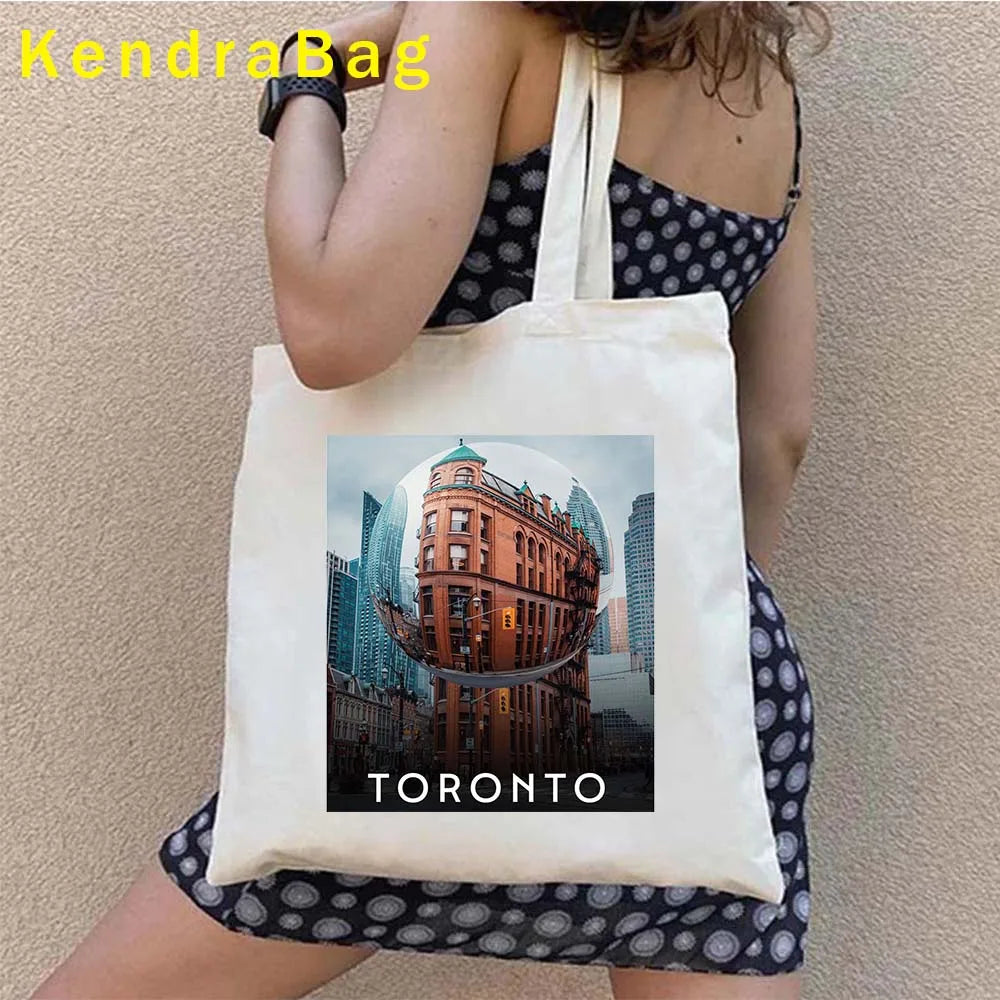 Canadian City Landscape Cotton Canvas Tote Bag | Happy Canada Day Tourist Gift | Reusable Eco-Friendly Shoulder Handbag (Women) Luxegan