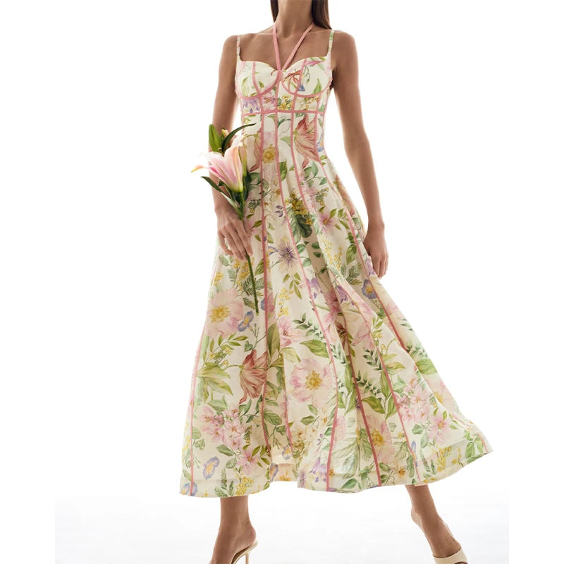 Floral Corset Halter Maxi Dress – Sleeveless, Flowy A-Line, Beach & Evening Luxegan