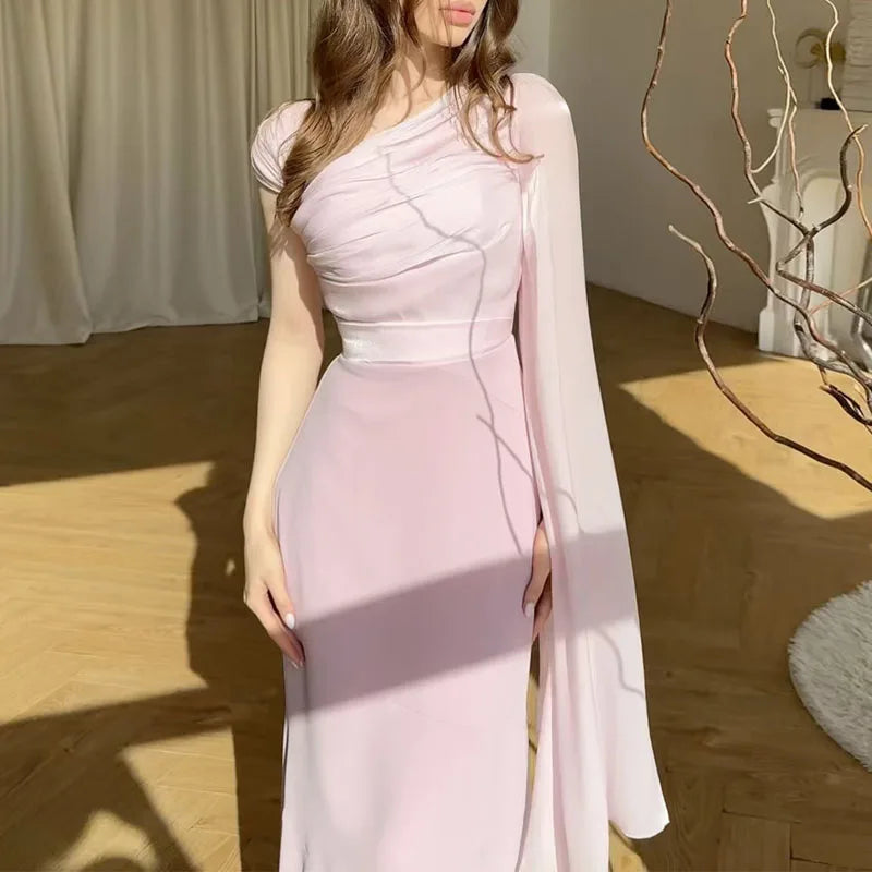 One-Shoulder Hollow Out Satin Spliced Maxi Dress | Long Sleeve Asymmetric Sheath Elegant Party Dress uxegan