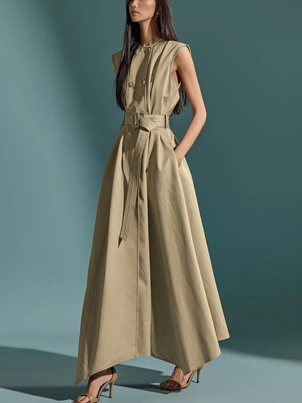 Double Button Belted A-Line Maxi Dress | Sleeveless High Waist Office Dress with Pockets Luxegan