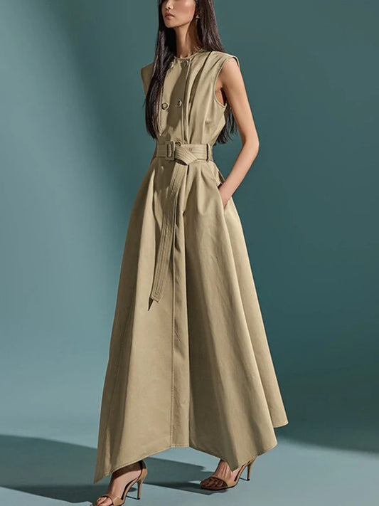 Double Button Belted A-Line Maxi Dress | Sleeveless High Waist Office Dress with Pockets Luxegan