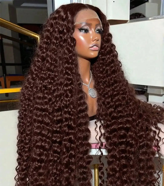 34-Inch Chocolate Brown Deep Wave Wig | Sophisticated 250 Density 13x4 HD Transparent Lace | Elegant "Brazilian Remy" High-Volume Silhouette | "Dignified" Glueless Deep Curly Human Hair for Radiant Versatile Styling Luxegan